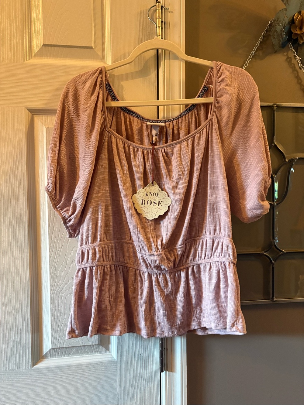 Knox Rose Blush Pink Peplum Top Size L NWT Boho Puff Sleeve